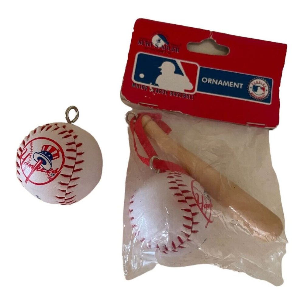 Kurt Adler MLB New York Yankees Baseball Bat and Ball Christmas Ornament Set +